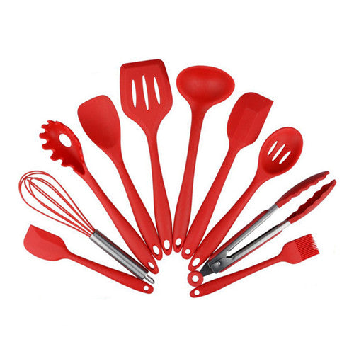 A Red - Kitchen Silicone Non-stick Cooking Spoon Spatula Ladle Egg Beaters Utensils Dinnerware Set Cooking Tools Accessories Supplies