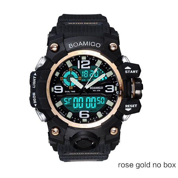 rose gold no box - Men Sports Watches BOAMIGO Brand Digital LED Orange Shock Swim Quartz Rubber Wristwatches Waterproof Clock Relogio Masculino