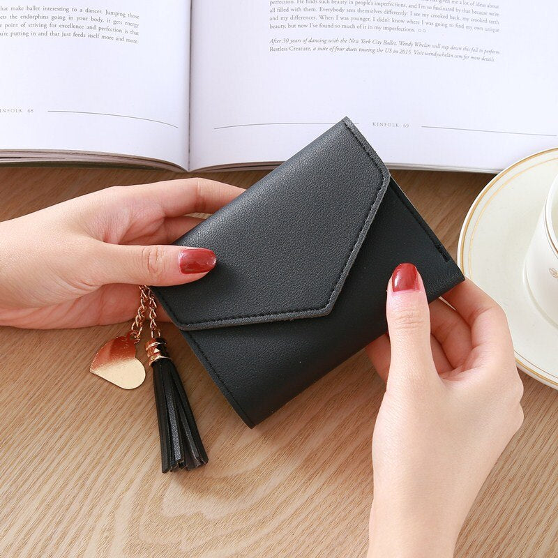 Black - Mini Tassel Wallet Women Fashion Purse Female Short Mini Wallets Korean Students Lovely Purse Female Small Wallet for Women