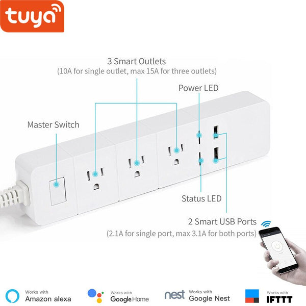 US version white - Tuya smart WIFI power strip EU standard with 4 plug and 4 USB port compatible with Amazon Alexa and Google Nest