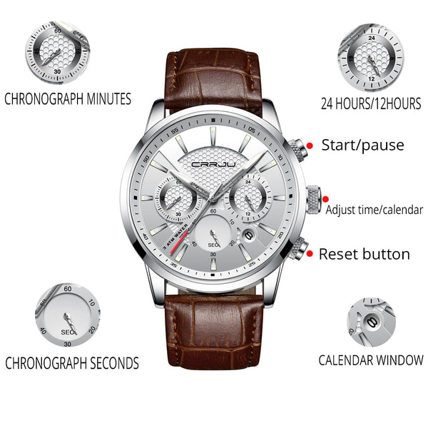 [variant_title] - CRRJU New Fashion Men Watches Analog Quartz Wristwatches 30M Waterproof Chronograph Sport Date Leather Band Watches montre homme
