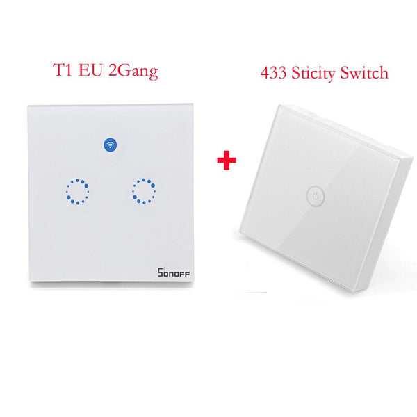 T1 2Gang with panel - Sonoff T1 EU Smart Wifi Wall Touch Light Switch 1/2 Gang Touch / WiFi / 433 RF / APP Remote Control Smart Home Work with Google