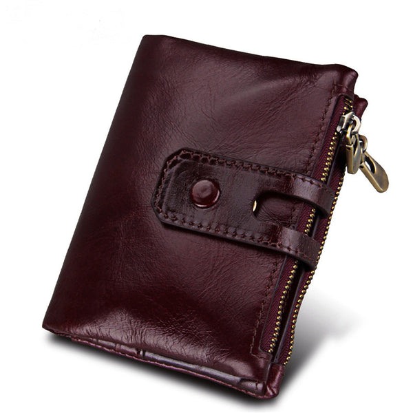 Dark Red - 2018 Fashion Wallet Women Genuine Leather Wallets Female Hasp Double Zipper Design Coin Purse ID Card Holder Unisex Slim Wallet