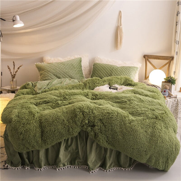 Autumn Winter Plush Quilted Bedding Set 3/4pcs Solid Color Faux Mink Fur Duvet Cover Sheets Pillowcase Tassel Hairball Warm