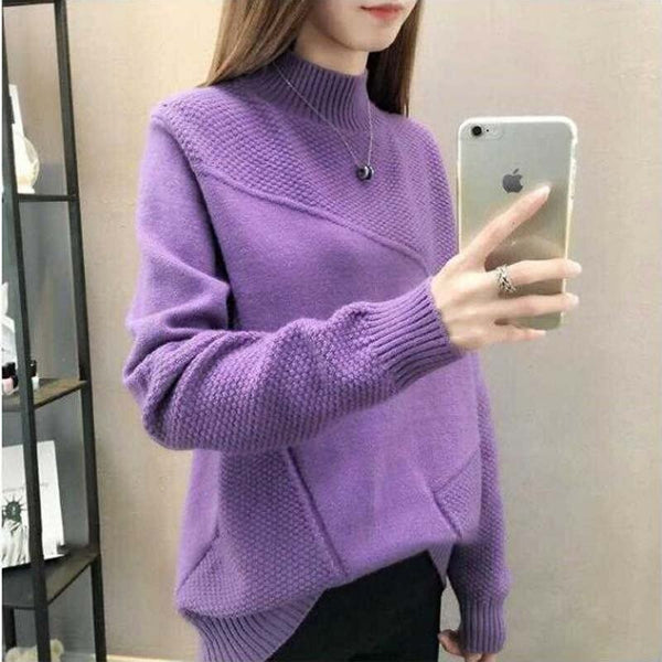 New 2019 Loose Warm Autumn Winter Pullover Sweater Women Jumper Half Turtleneck Long Sleeve Knit Purple Sweater Female NS4380