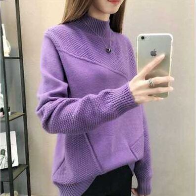 New 2019 Loose Warm Autumn Winter Pullover Sweater Women Jumper Half Turtleneck Long Sleeve Knit Purple Sweater Female NS4380