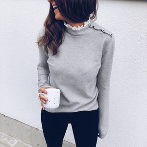 Lace Patchwork Ruffles O Neck Shoulder Buckle Elegant Pullover Autumn Winter Knit Sweater Women Grey White Casual Tops Female