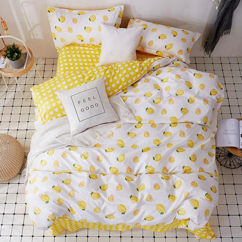 Yellow Lemon Printed 4pcs Girl Boy Kid Bed Cover Set Duvet Cover Adult Child Bed Sheet Pillowcases Comforter Bedding Set 61016