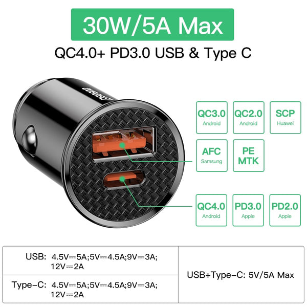 [variant_title] - Baseus Quick Charge 4.0 3.0 USB Car Charger For iPhone 11 Pro Max Xiaomi Huawei P30 QC4.0 QC3.0 QC 5A Fast PD Car Phone Charger