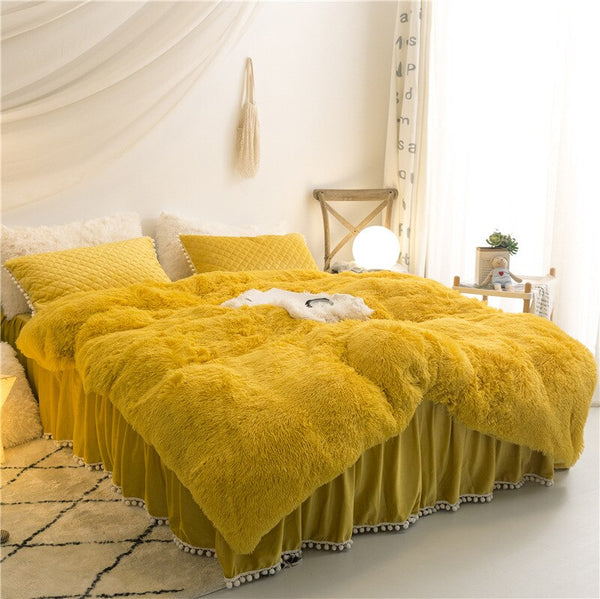 Autumn Winter Plush Quilted Bedding Set 3/4pcs Solid Color Faux Mink Fur Duvet Cover Sheets Pillowcase Tassel Hairball Warm