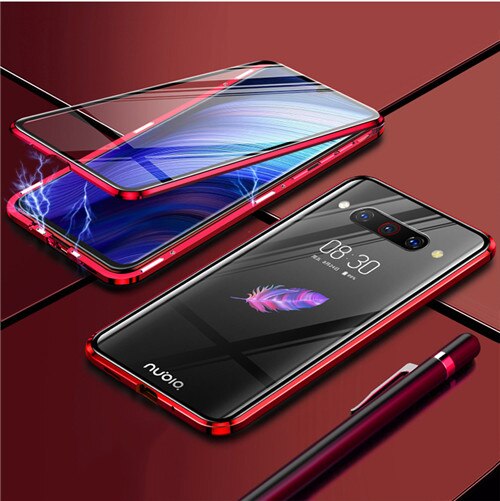 Red - 360 Full Magnetic Phone Case For ZTE Nubia Z20 NX627J Metal Frame Double Sided Glass Cover Aluminum Bumper For Nubia Z20 Case