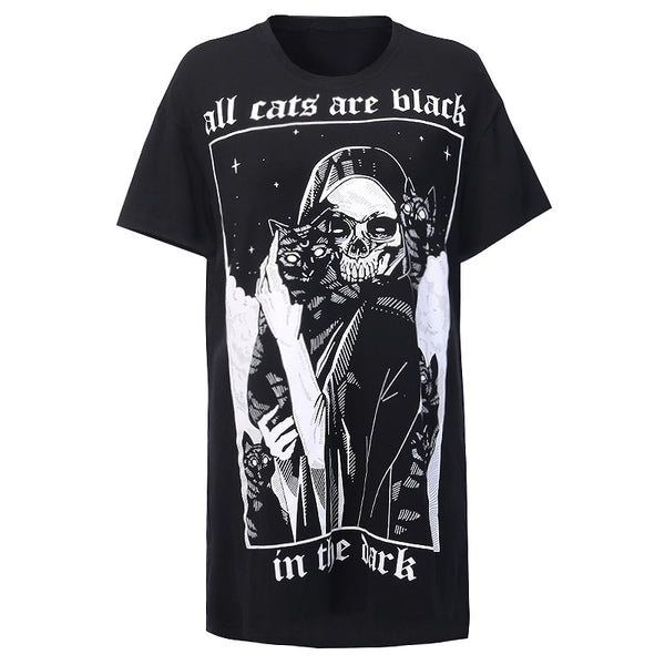InsGoth Women Loose Black T-shirts Gothic Grunge Punk Harajuku Skull Peinted T-shirts Halloween Party Long Tops Female T-shirt