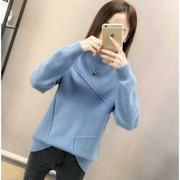 New 2019 Loose Warm Autumn Winter Pullover Sweater Women Jumper Half Turtleneck Long Sleeve Knit Purple Sweater Female NS4380