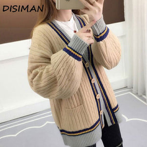 autumn winter loose knitting women cardigan sweater korean style plus size single-breasted pink striped sweater coats female