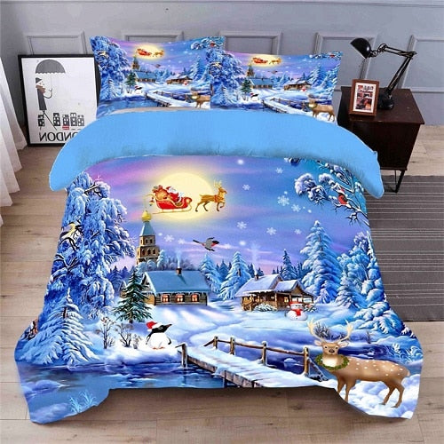 Home Kid Healthy 3D Bedding Set Blue Color Linings Duvet Cover Bed Sheet Pillowcases Christmas tree and snow deer