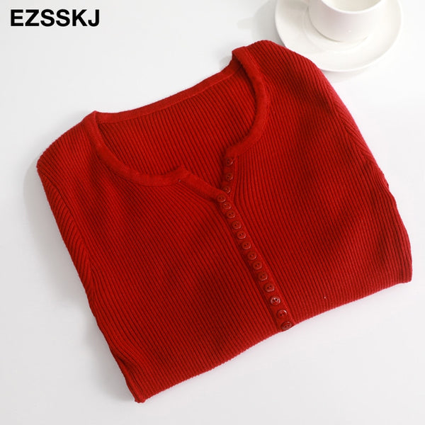 casual Autumn spring Basic Sweater pullovers Women v-neck Solid Knit Slim Pullover female Long Sleeve warm button Sweater