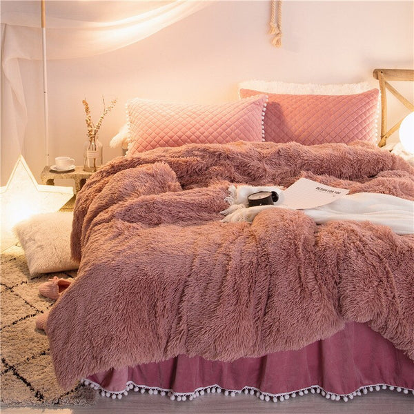 Autumn Winter Plush Quilted Bedding Set 3/4pcs Solid Color Faux Mink Fur Duvet Cover Sheets Pillowcase Tassel Hairball Warm