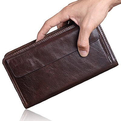 Brown - MISFITS Cowhide Men Clutch Wallets Genuine Leather Long Purses Business Large Capacity Wallet Double Zipper Phone Bag For Male