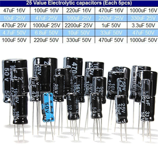 [variant_title] - 1uF-2200uF 25V/50V 25Valuesx5Pcs Total 125 Pcs Electrolytic Capacitors Assortment Kit Assorted Set