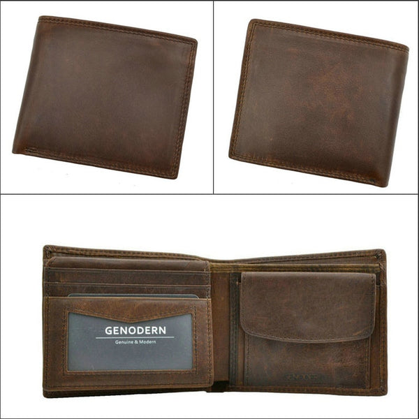 [variant_title] - GENODERN Cow Leather Men Wallets with Coin Pocket Vintage Male Purse Function Brown Genuine Leather Men Wallet with Card Holders