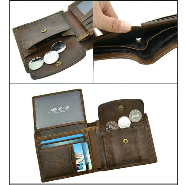 [variant_title] - GENODERN Cow Leather Men Wallets with Coin Pocket Vintage Male Purse Function Brown Genuine Leather Men Wallet with Card Holders