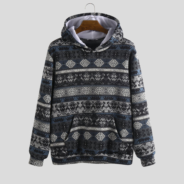 Grey / 2XL - Mens Printed Ethnic Style Insert Pocket Hooded Sweatshirt